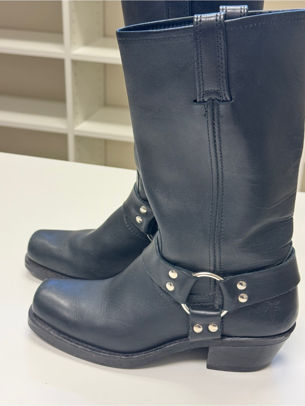 Frye Black Leather Harness Boots with Silver Hardware - Women